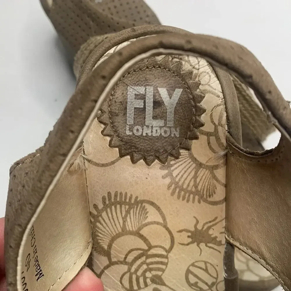 Fly London Yiva Perforated Taupe Lace Up Wedge Sandals S-055 Sz 40 EU / 9-9.5 US